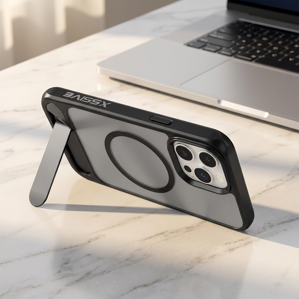 iPhone 17 achterkant hoesje MagSafe met standaard - Zwart/Grijs