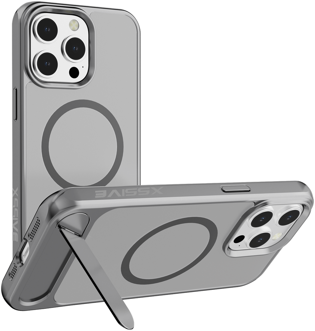iPhone 15 Pro Rückseitenschutzhülle mit MagSafe-Funktion und Ständer – Schwarz/Grau