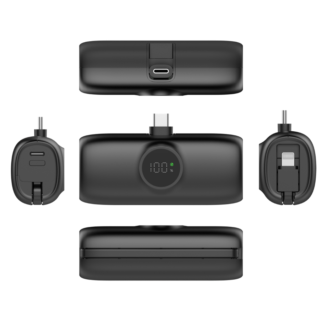 Premium Mini-Powerbank mit USB-C-Anschluss und iPhone-Kabel, 5000 mAh – Schwarz
