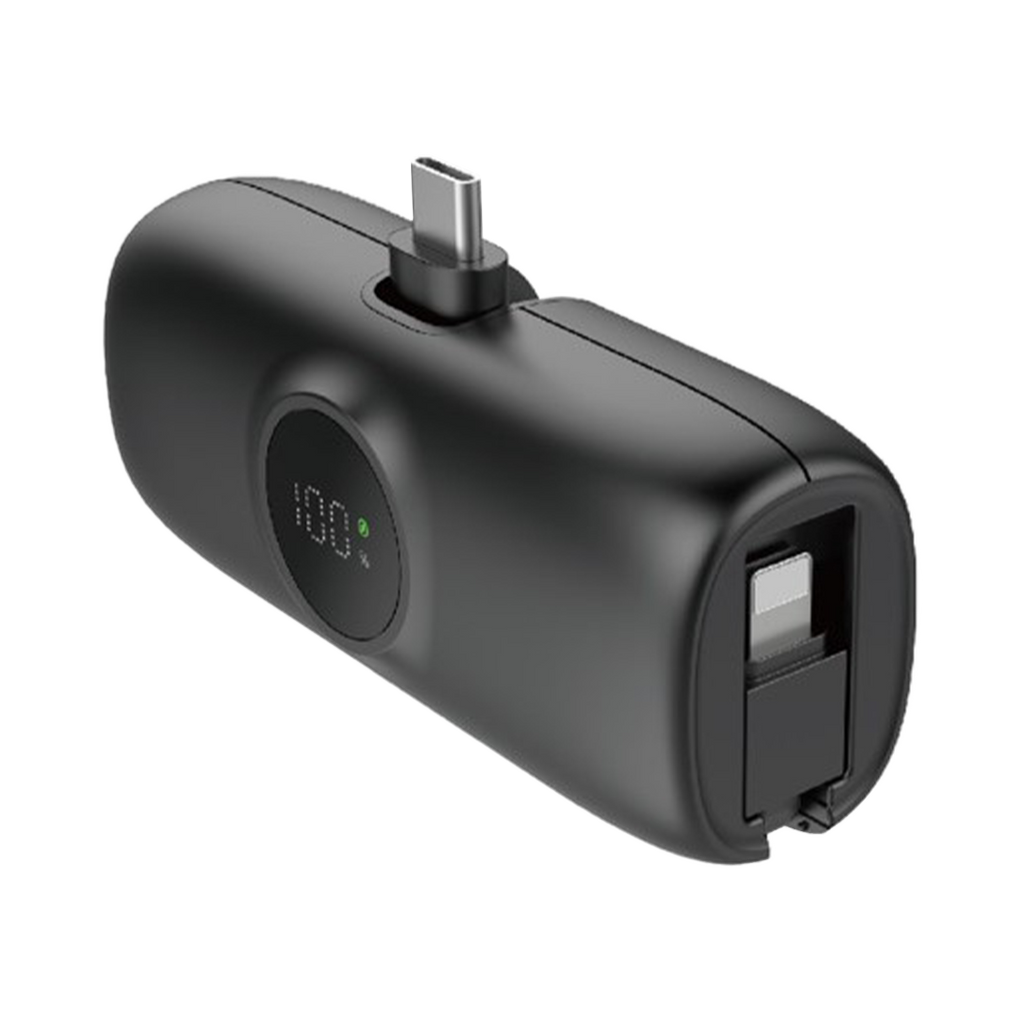 Premium Mini-Powerbank mit USB-C-Anschluss und iPhone-Kabel, 5000 mAh – Schwarz